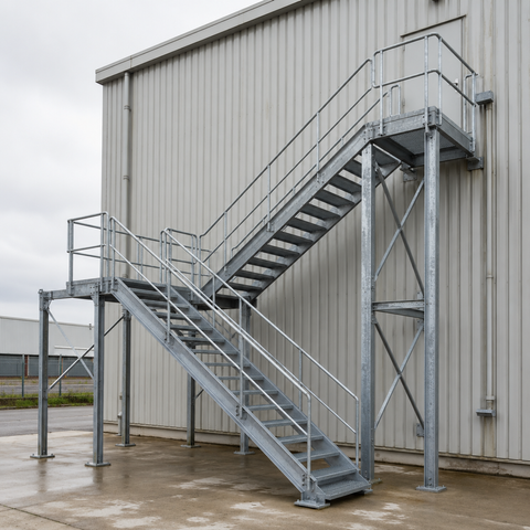 Estrutura de escada de a&ccedil;o industrial personalizada com plataforma e corrim&atilde;os de seguran&ccedil;a